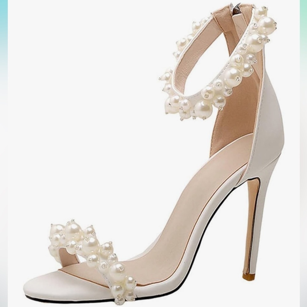 Brand New Faux Pearl Open Toe Ankle Strap Back Zip Stiletto Heel Sandals Wedding - Picture 16 of 16